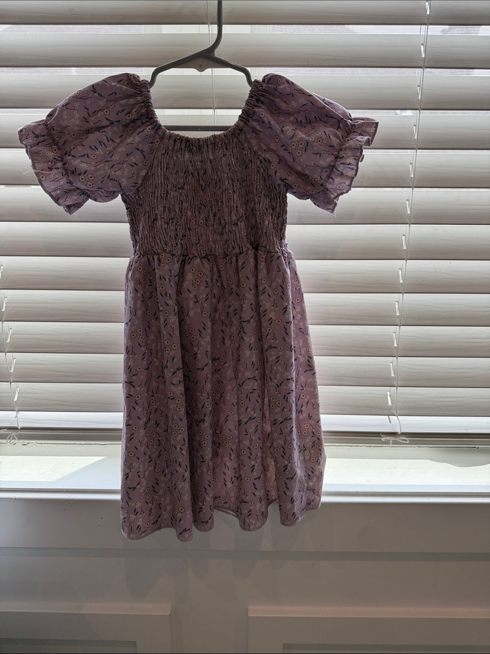 Lilac Floral Puff-Sleeve Smocked Casual Dress for Girls